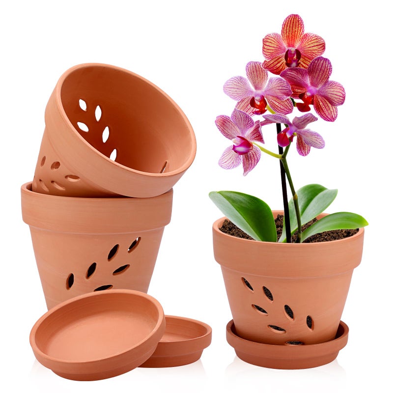 JUXYES 3 Pack Small Terracotta Orchid Pots with Holes and Saucers, Clay Orchid Planter Pots for Repotting, Plant Flower Pots for Orchid Indoor and Outdoor Promotes Air Circulation, 6 Inches - Image 1